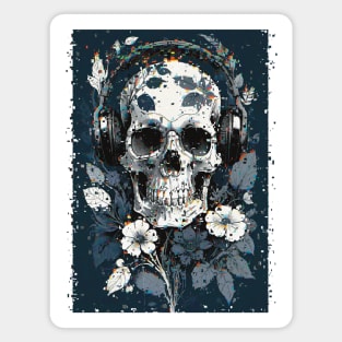 Skull with Headphones and Flowers Glitch Art Magnet